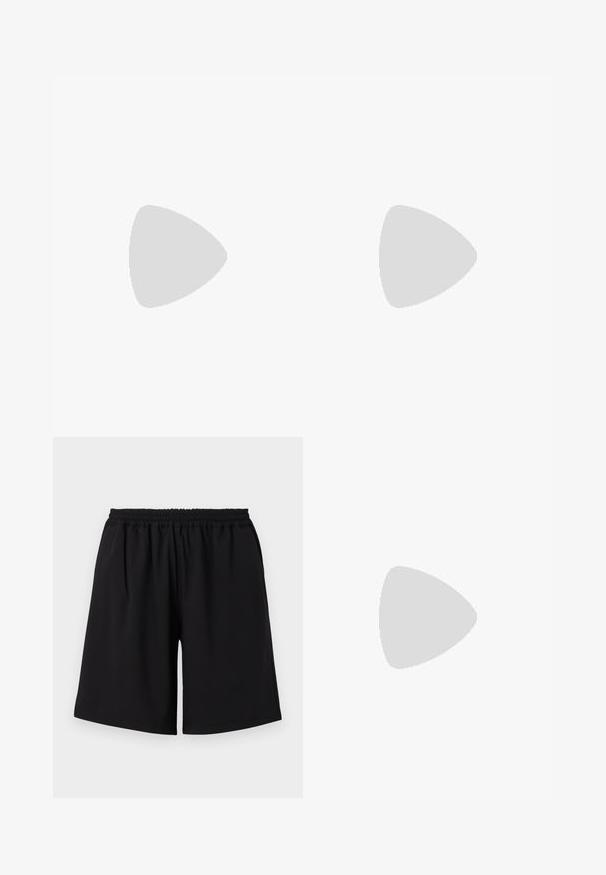 Polo de manga corta de punto azul claro con cuello en V y collar acanalado. Presenta un patrón texturizado de tejido abierto.; Bermudas deportivas negras hechas de tejido ligero. Cuentan con una cinturilla elástica y un diseño de corte suelto sin bolsillos.; Zapatilla de cuero blanca con un acabado suave, puntera redonda, cordones planos y suela texturizada. Cuenta con un sutil logo en el talón.; Gafas de sol redondas negras con lentes oscuros y brazos metálicos delgados. Incluye puntas de varilla transparentes y acentos plateados en la bisagra. Diseño minimalista.