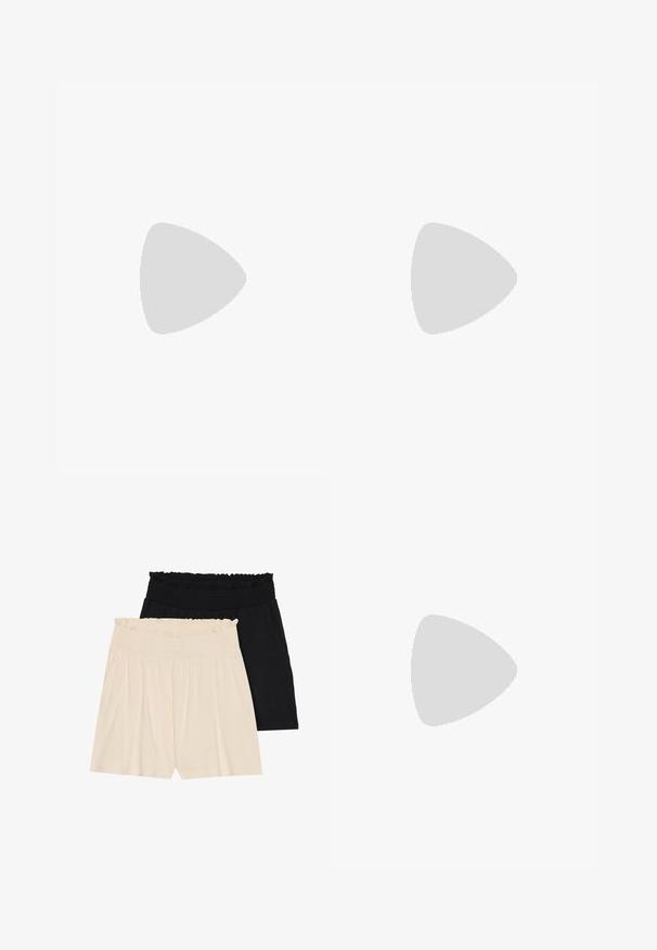 Even&Odd 2 PACK - Tricou cu imprimeu - white/black; Două perechi de pantaloni scurți relaxați: una crem și una neagră, ambele având talie elastică cu volan și țesătură moale, ușoară.; Balerini metalice argintii cu vârful ascuțit, curea la gleznă cu cataramă ajustabilă, suprafață texturată și talpă neagră minimă.; Ochelari de soare aviator cu lentilă gradient albastră, ramă metalică argintie și accente decorative sub formă de stele pe lentilă. Design neted și elegant.