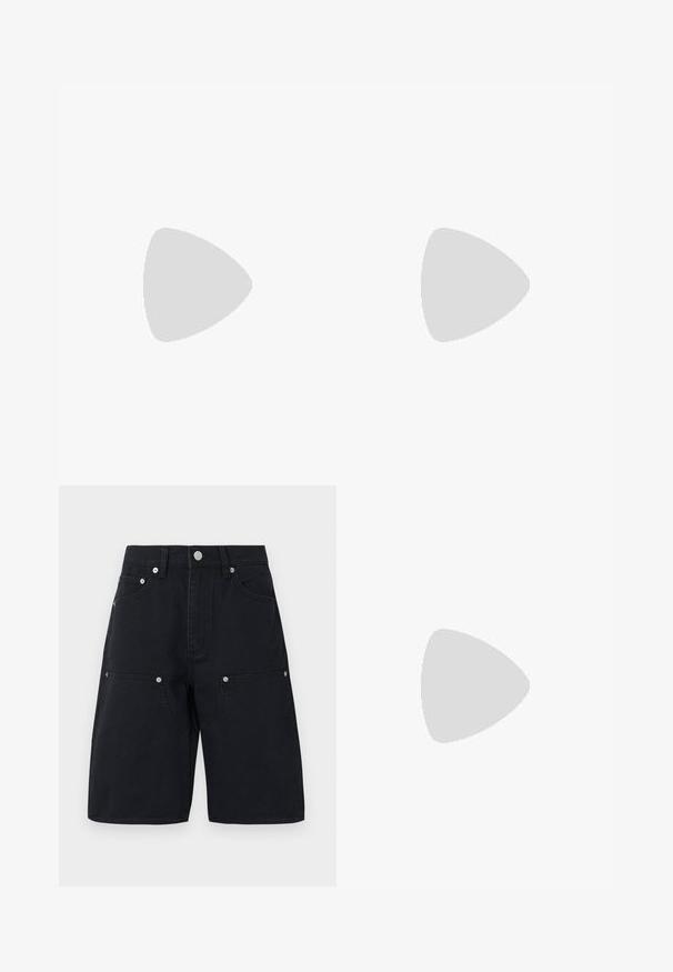 Black long-sleeve top with ribbed texture, round neckline, and cropped design. Features a small white logo at the center.; Black denim shorts with a straight leg design, featuring two front pockets and silver hardware accents. Textured fabric with stitching details.; White canvas sneaker with a low-top design, round toe, and textured rubber sole. Features reinforced stitching and silver eyelets for laces.; Burgundy fluffy cardigan with a V-neck and buttons, worn over a white shirt. A black crossbody bag with an "OBEY" logo is attached.