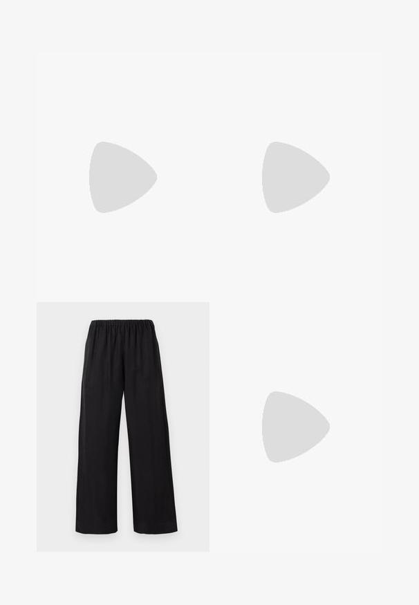 Top nero senza maniche con spalline sottili, vestibilità ampia e orlo arricciato. Realizzato in tessuto leggero con una texture liscia.; Pantaloni neri a gamba larga in un tessuto morbido e leggero, con vita elastica e orlo cucito, che offrono una vestibilità rilassata.; Sandalo in pelle nera con punta quadrata, cinturini sottili, cinturino alla caviglia regolabile e tacco basso. Presenta un piccolo accento dorato sul cinturino.; Borsa in pelle nera con incisione a forma di coccodrillo, dal design strutturato, dotata di manico superiore, tracolla regolabile e un evidente dettaglio logo frontale.