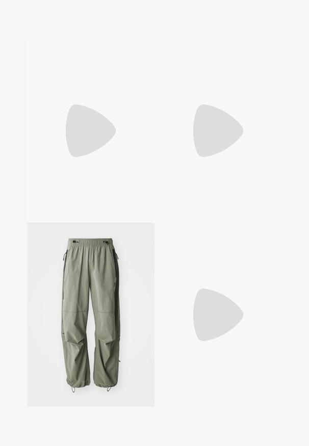 Pilkas medvilninis marškinėlis, kuriame pavaizduota panda, sėdinti ant Nike batelių, o virš dizaino matomas rožinis Nike logotipas. Trumpomis rankovėmis, apvaliu kaklu.; Šviesiai alyvuogių spalvos cargos kelnės su elastinga juosta, reguliuojamais rankogaliais ir juodomis šoninėmis kišenėmis, pademonstruotos prieš baltą foną.; Pilkas sportinis batas su tinklu ir zomšos viršutine dalimi, baltomis detalėmis, paminkštintu padu ir išskirtiniu dizainu su atspindinčiais elementais.; Akiniai nuo saulės su elegantišku sidabriniu plastiko rėmu, tamsiais lęšiais ir kreiviu dizainu. Akcentuojami drąsūs elementai ir lengva konstrukcija.