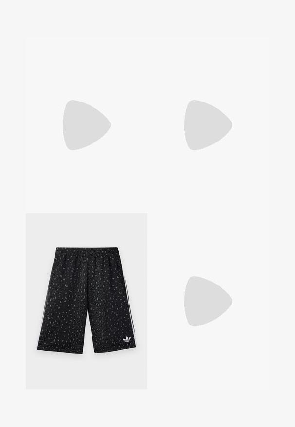 Black polo shirt made of cotton, featuring short sleeves, a classic collar with white stripes, and a small white Adidas logo on the chest.; Black athletic shorts with a leopard print pattern in dark grey. Features an elastic waistband and white side stripes with a logo.; Black suede sneakers with white laces and three white stripes. Features a circular black logo on the tongue and a gum rubber sole.; Black sunglasses with a rounded frame, gradient lenses, and glossy finish. Features subtle logo accents on the temple.