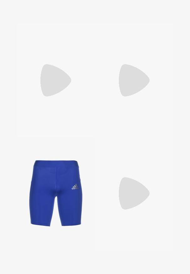 Lange mouwen top in lichtblauw met een subtiele dierenprint. Heeft een ronde hals en een merkaccent op de borst. Getextureerde stof.; Blauwe sportshorts van rekbaar materiaal met een solide textuur. Heeft het gouden Adidas-logo op het linkerbeen. Mid-dij lengte.; Lichte atletiekschoenen met een crèmekleurige mesh bovenwerk, grijze strepen, een groene accent en een gestructureerde blauwe hielkap. Zwarte veters.; Sportbril met een wit frame, grote groen-paarse gradient lenzen, hoekig ontwerp en zwarte accenten op de armen en neuspiece.