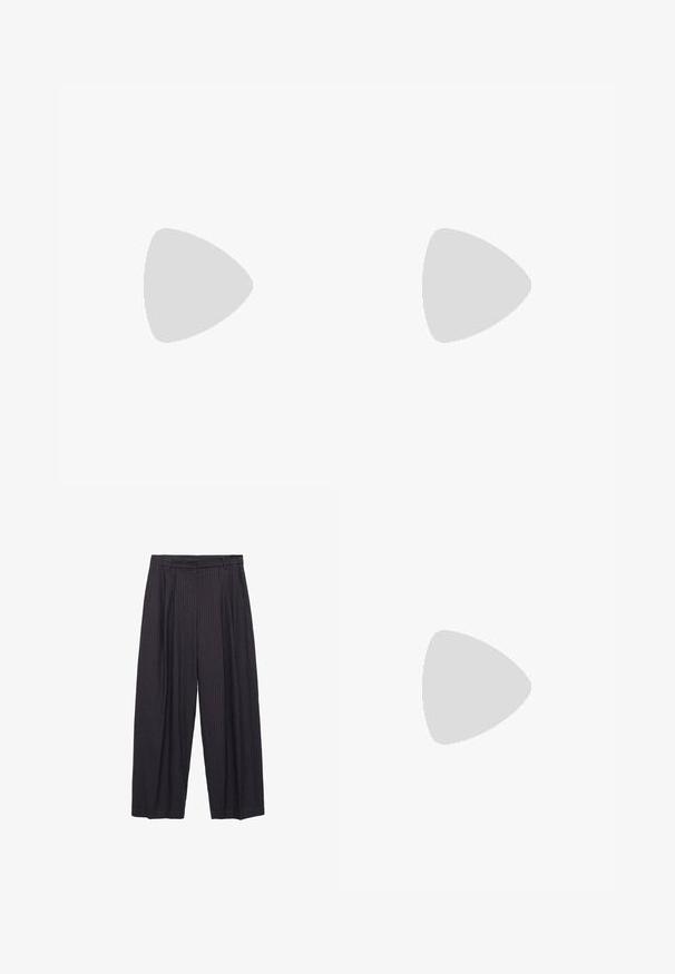 Short-sleeve cream-colored top made of soft fabric, featuring a round neckline and relaxed fit. No visible patterns or embellishments.; Wide-leg pants in dark navy fabric with subtle vertical stripes, featuring a button closure and a structured waistband.; Black strappy sandal with a square toe and a low block heel. Features multiple thin straps and an adjustable ankle strap. Made of smooth leather.; Silver hoop earrings with a smooth, polished finish. Round shape, lightweight design, featuring a secure clasp mechanism.