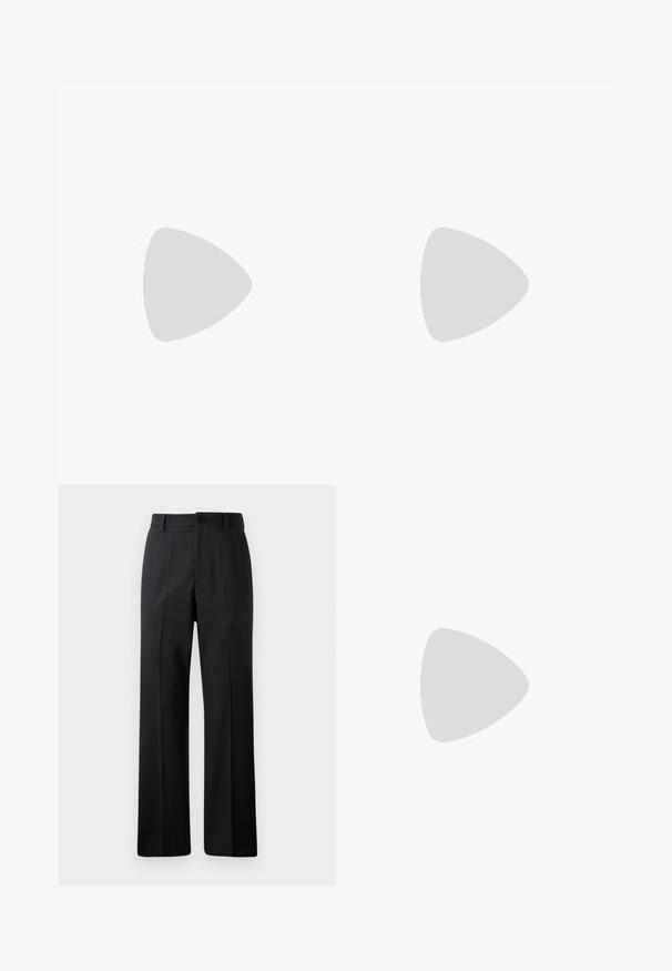 rag & bone HARBOR JOHNNY COLLAR - Polo majica - black; Črne hlače ravnega kroja z zankami za pas, sprednjim gumbom in zadrgo, prikazane na enotnem belem ozadju.; Morske modre usnjene superge s kremasto gumijasto podlogo, opremljene z modrimi vezalkami in gladko teksturo. Zaokrožena kapica in minimalističen dizajn.; Brašna iz rjave krokodilne usnjene embalaže s zgornjimi ročaji in odstranljivim ramenskim trakom. Ima zapiranje z zaponko in pravokotno obliko.