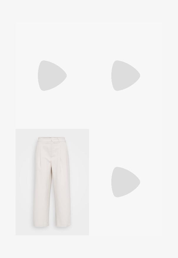 White long-sleeve sweater with a round neckline, textured fabric, front tie closure, and a scalloped hem featuring small floral patterns.; Beige wide-leg trousers made of smooth fabric, featuring two front pleats, a waistband with belt loops, and a straight hem.; Black strappy sandal with a square toe and a low block heel. Features multiple thin straps and an adjustable ankle strap. Made of smooth leather.; Gold-tone earrings featuring textured, wavy shapes. Includes sculptural clip-on studs and open hoop design with a hammered finish.