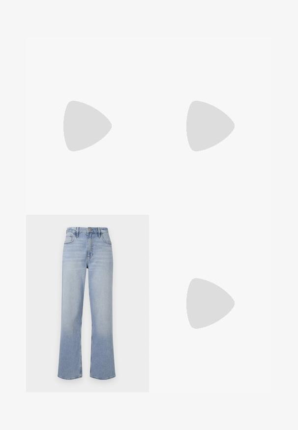 Lyse violet langærmet top med bådudskæring, tætsiddende design, glat tekstur og lige kant.; Lysblå denimjeans med lige benform, fem lommer, knap- og lynlåslukning samt subtile falme detaljer på stoffet.; Hvide høje kanvas sneakers med sort gummisål, gummitåhætte foran og seks øjehuller til snørebånd, der har et rent, minimalistisk design.; Rød læderhåndtaske med et kantet, geometrisk design. Har en enkelt justerbar rem og en klaplukning med syede detaljer.