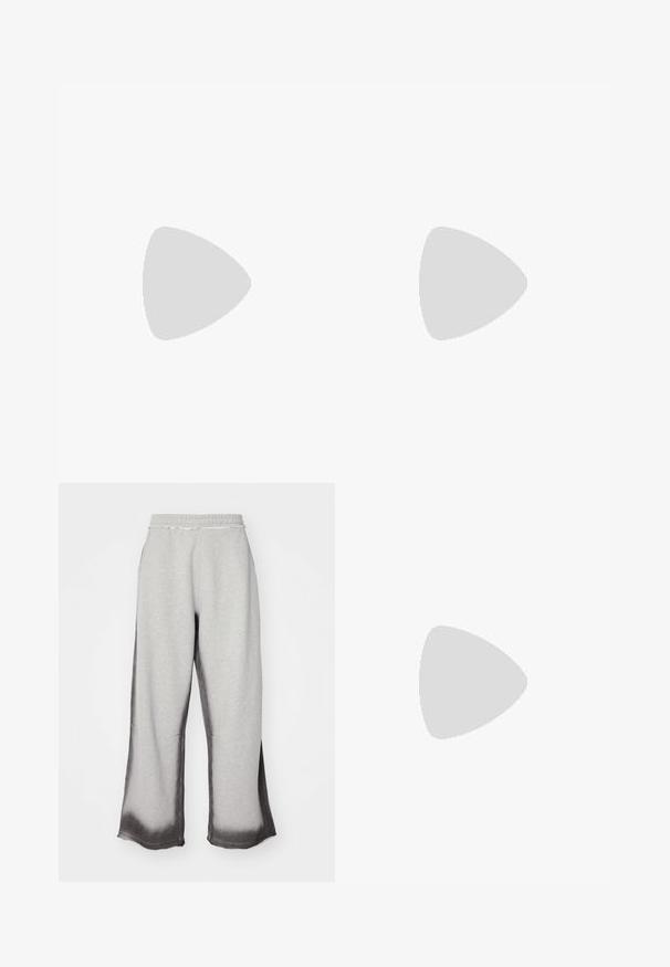 Weißes Kurzarmoberteil mit lockerer Passform, das ein gerafftes Design in der Taille und eine glatte Stofftextur aufweist. Marke: Anna Field.; Graue Sweatpants mit strukturiertem Finish, das einen allmählichen dunkelgrauen Farbverlauf am Saum aufweist, elastischem Bund und weitem Beinschnitt.; Helle gelbe Sportschuhe mit schwarzen Streifen und Schnürsenkeln; besitzen ein strukturiertes Obermaterial und Wildlederakzente. Getragen mit weißen gerippten Socken.; Schwarze Sonnenbrille mit einem eleganten, kantigen Design. Verfügt über graue Gläser und glänzende Kunststoffrahmen. Enthält kleine Metallakzente und Branding am Bügel.; Schwarze Lederhandtasche mit zwei kurzen Griffen, silbernem Zubehör, weißen Akzenten und einem weißen Logo. Verfügt über eine strukturierte Oberfläche und ein kompaktes Design.