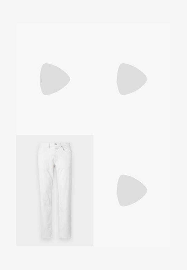 Camiseta de algodón blanca con un gráfico azul que parece una difusión de tinta, con la palabra "CERRADO" y "INYECCIÓN INDIGO" impresas debajo del diseño.; Jeans blancos de pierna recta, fabricados en denim, con cinco bolsillos, cierre de botón y un ajuste clásico con textura mínima.; Zapatilla blanca con acentos de ante, puntera redondeada, cordones planos y suela de goma color crema. Presenta un logo verde en el talón.; Bufanda de lana con un patrón a cuadros en crema, beige y marrón oscuro, con bordes desflecados y un acabado suave y texturizado.