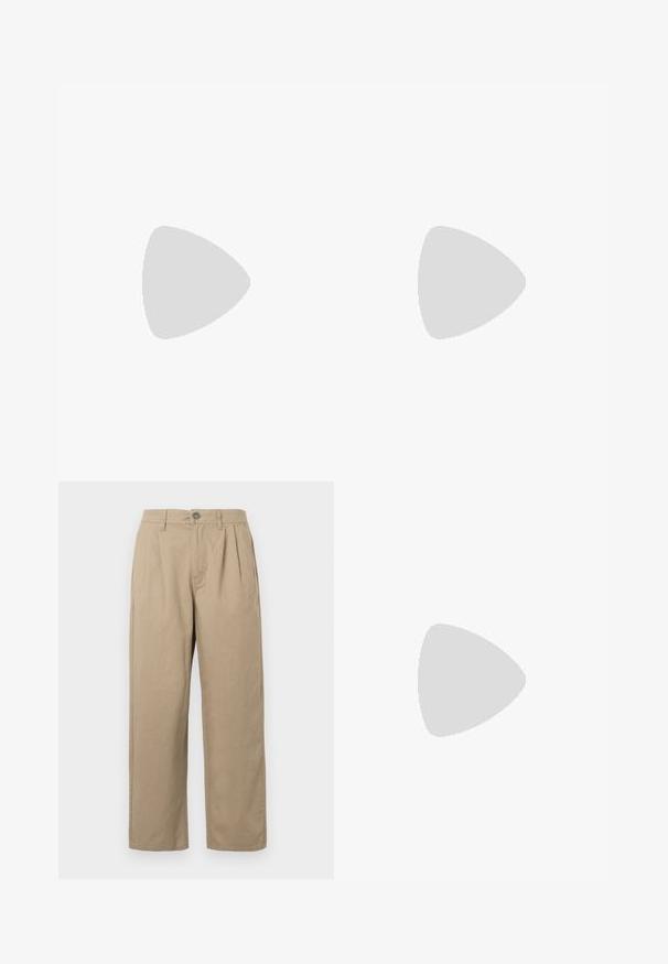 Balta kokvilnas T-kreklā ar daudzkrāsainām vertikālām svītrām un melnā krāsā izdrukātu tekstu "PS Paul Smith", ar apaļu kakla izgriezumu, īsām piedurknēm.; Beige augstās jostas bikses ar krokām, jostu cilpām, pogu aizdari un taisnām kājām uz baltas fona.; Sporta apavi ar gaiši pelēku sietu augšējo daļu un zamša akcents, baltiem šņorēm un melnu gumijas zoli. Ievērojamas ABZORB amortizācijas detaļas.; Melni saulesbrilles ar taisnstūra formu, izgatavotas no izturīgas plastmasas, ar pelēkiem tonētiem objektīviem un zelta akcentu sānos.