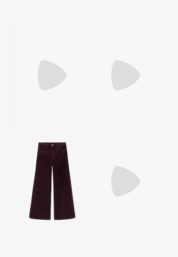 Gina Tricot SOFT TOUCH RUCHED TEE - Basic T-shirt - black; Wide-leg corduroy pants in deep burgundy, featuring a high waistband, button closure, and classic five-pocket design with ribbed texture.; Black leather knee-high boots with a pointed toe and a chunky heel. Features a strap with a circular accent detail at the ankle.; Black woven shoulder bag with a smooth leather strap and zipper closure. Features a textured surface and curved shape.