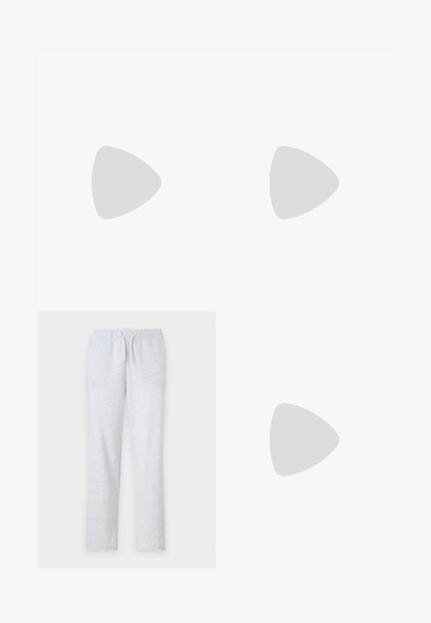 Tricou kaki cu mânecă scurtă, confecționat dintr-un material moale, având decolteu rotund și o croială lejeră. Fără modele sau grafice vizibile.; Pantaloni de trening gri, dintr-un material moale, cu un elastic la talie și un șnur, picioare drepte și o textură netedă.; Adidași din piele albă cu un finisaj neted, vârf rotunjit, șireturi plate și o talpă texturată. Accente din piele întoarsă gri la călcâi.; Ochelari de soare dreptunghiulari negri cu lentile închise. Rame lucioase, brațe drepte cu o ușoară curbă. Design minimal, fără embellishments.