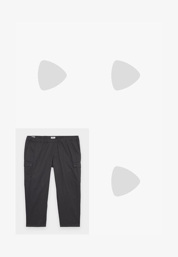 Pier One Top s dlouhým rukávem - dark grey; Černé cargo kalhoty s elastickým pasem, bočními kapsami a akcenty na patentky. Vyrobeny z lehké, hladké tkaniny.; Černá běžecká obuv s vrškem z prodyšné síťoviny a syntetického materiálu, flexibilní podešev a elastické šňůrky. Obsahuje polstrovanou mezipodešev pro pohodlí.; Sluneční brýle s obdélníkovými tmavě šedými skly, stříbrnými kovovými rámy a černými plastovými konci na nožičkách. Lehké provedení s podložkami na nos.