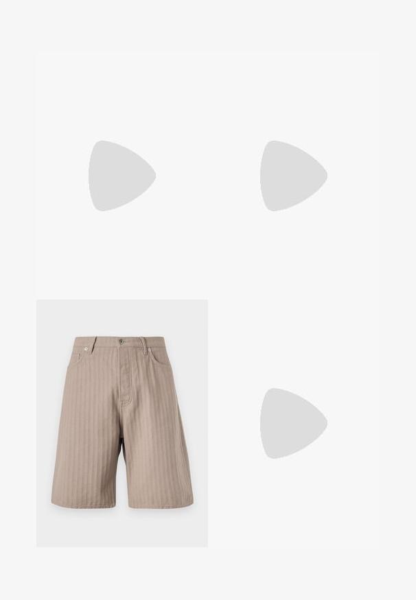 Short-sleeve polo shirt in mauve with a textured zigzag pattern, a pointed collar, and two buttons on the placket. Soft knit material.; Light brown, pinstriped shorts with a straight cut. Features a front zipper, two side pockets, and a metal button closure.; Black leather loafers feature a raised seam, two decorative straps on the upper, and a thick textured sole for added grip.; Denim tote bag in dark blue with two vertical white "SAM SøE" text logos. Features wide handles and a simple, unstructured design.