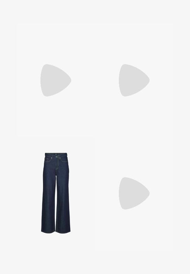Punane, ühe õlavarrega pehmest kangast top, millel on lilleline aplikaatsioon õlal ja kolmveerandvarrukad. Ühtlane tekstuur.; Tumed denim laiad sääred teksad kõrge vöökoht, millel on õmblustrimmed, vööaasad ja esikotid. Sile tekstuur, klassikaline disain.; Mustad musta lakknahk kingad, millel on terav varvas ja geomeetriline plokkkonts. Omab elegantselt minimalistlikku disaini ja sujuvat tekstuuri.; Mustmust mustraha kõverate joontega, eemaldatava rihmaga ja kuldsete detailidega. Kotil on klapp, millel on pandladetail.