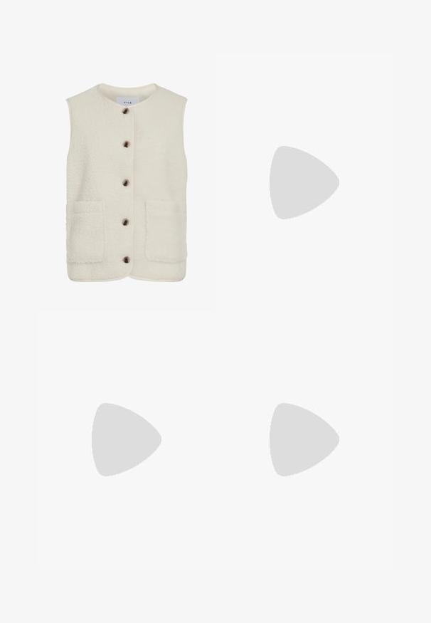 Fleece vest in cream with a round neck, front button closure, and two large patch pockets. Features a textured surface and contrast piping.; Light cream knitted sweater with a crew neck, ribbed cuffs, and hem. Features a textured pattern and dropped shoulders for a relaxed fit.; Dark blue wide-leg jeans made from denim. Features a button closure, stitching details, and side pockets. Flared bottom hem.; Burgundy patent leather ballet flat with a rounded toe, small bow accent at the front, and a low, black rubber sole. Smooth texture.