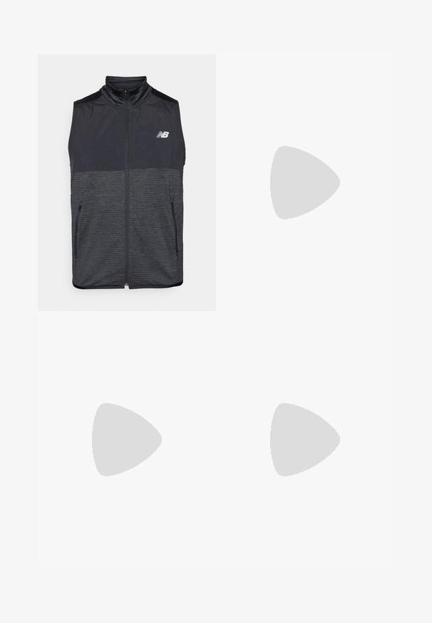 Čierna a tmavošedá bezrukávová vesta na zips so stojačikom, dvoma vreckami na zips a bielym logom New Balance na ľavej hrudi.; Biely bezrukávový top s čiernymi akcentmi, na ktorom sa v strede nachádza výrazná čierna grafika "PUMA" so zigzagovým dizajnom.; Puma ESSENTIALS - Športové šortky - black; Ľahká bežecká obuv s bielou sieťovinou, sivými akcentmi a textúrovanou slonovinovou podrážkou so značkou "FuelCell".