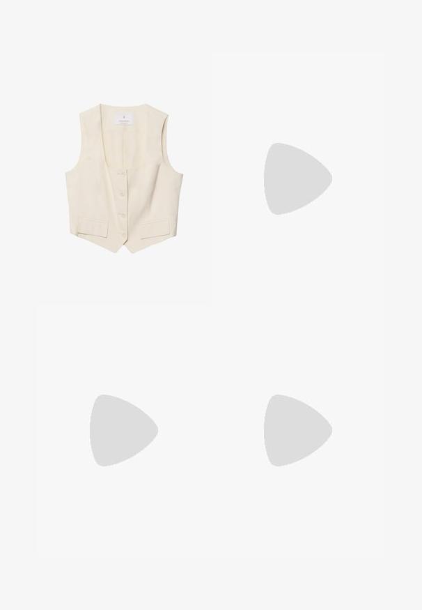 Cream-colored sleeveless vest with a deep V-neck, five-button front closure, and two side pockets. Smooth texture and tailored fit.; Black and white striped long-sleeve top made of soft fabric; features a round neck and fitted design with a slightly cropped hem.; White wide-leg trousers made from a lightweight fabric. Features an elastic waistband with a drawstring and side pockets. Smooth texture.; Bershka HELLO KITTY - Trainers - white