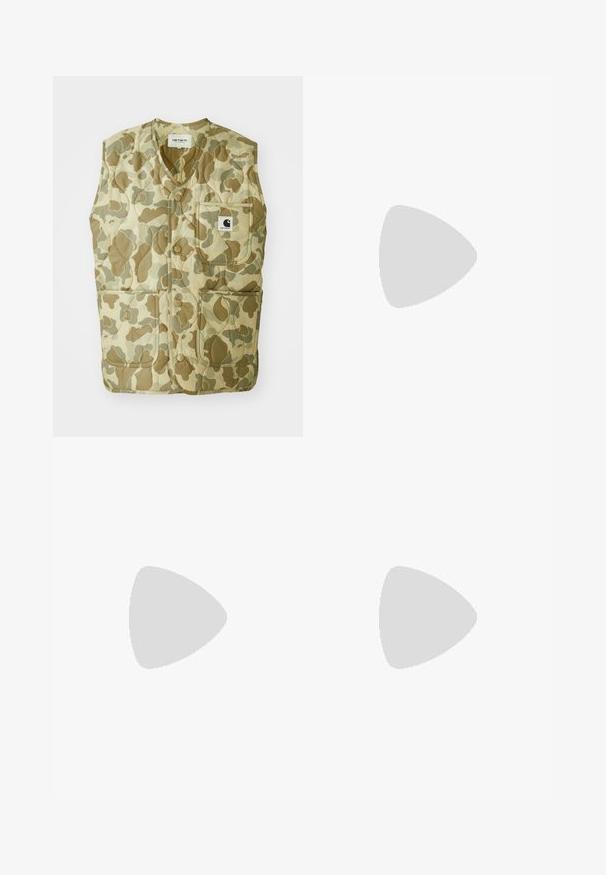 Camouflage-patterned vest with a quilted design, featuring a v-neck, four pockets, and a tag with a logo. Materials are durable and lightweight.; Black T-shirt made of cotton with short sleeves. Features a white spider web graphic and logo on the front. Simple rounded neckline.; Carhartt WIP NASHUA DOUBLE KNEE PANT - Relaxed fit jeans - blue; Light purple GORE-TEX athletic shoes with a textured mesh upper, black accents, and a sculpted sole. Features elastic laces and padded collar.