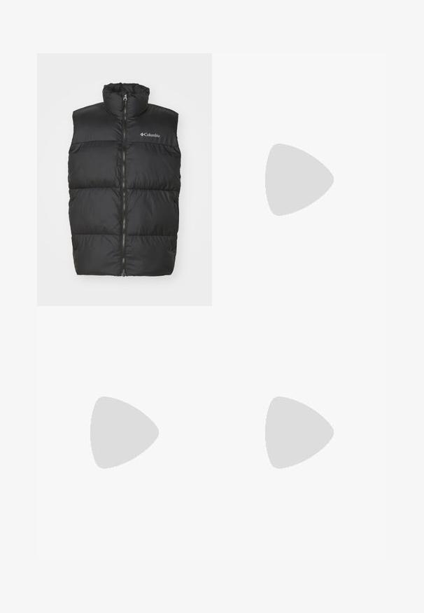 Black puffer vest with high collar and front zipper. Made of smooth, lightweight material. Features horizontal quilted sections.; Light green fleece pullover with a high collar, snap-button closure, and a zippered chest pocket. Features dark green accents and textured fabric.; Pack of two t-shirts: one black, one white. Both feature short sleeves and a circular logo on the chest in contrasting color. Cotton material.; Light blue denim jeans with a high waist, wide-leg design, and a subtle faded texture. Features front pockets and a zip fly closure.; White and light grey athletic sneaker featuring a mesh and synthetic upper, padded collar, textured accents, and a thick rubber sole.; Black crossbody bag with a zippered pocket, rectangular shape, made of fabric, featuring a logo patch on the front, adjustable shoulder strap.