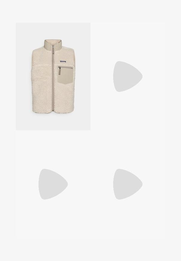 Beige fleece vest with a high collar and front zip; features a contrasting front pocket and a patagonia logo at the chest.; Beige Patagonia short-sleeve crew neck T-shirt with small black logo on left chest, displayed on a plain background.; Olive green waterproof pants, made of shiny nylon, featuring a straight cut, two side zip pockets, and a button closure at the waist.; Lightweight Columbia athletic shoe in white mesh with a textured gray sole and rubber traction. Features a padded collar and lace-up design.