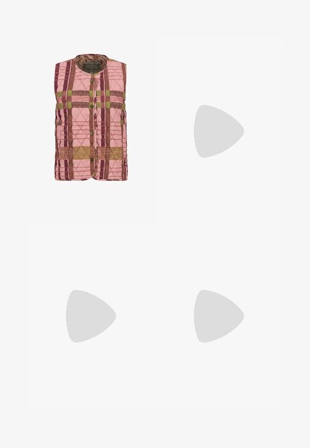 Quilted sleeveless vest in pink with a plaid pattern featuring brown and green accents. Metal snap closures; soft fabric texture.; Long-sleeve top with a fitted design, featuring a plaid pattern in pink, green, and brown colors. Made of textured fabric with ruching details.; Black button-up shirt with a band collar, long puff sleeves, and a smooth texture. Features five front buttons and loose fit at the hem.; White wide-leg jeans made of denim, featuring a high waist, a front button closure, and side pockets. Textured fabric with visible stitching.; Black leather ankle boot with pointed toe, elastic side panels with vertical grooves, and a low block heel. Smooth texture and sleek design.