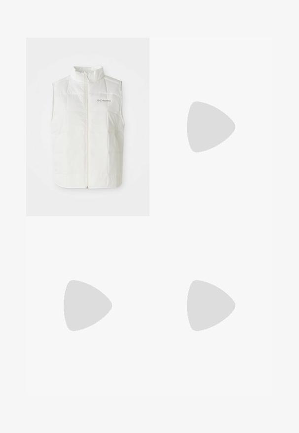 Colete acolchoado sem mangas branco da Columbia com fecho frontal e gola elevada, padrão quadrado acolchoado e logotipo no peito esquerdo.; The North Face SHADOW LONG SLEEVE - Camisola de manga comprida - white dune; Calças cargo de cor cinza escuro com botões duplos, cintura com velcro e seções inferiores reforçadas em preto. Apresenta vários bolsos laterais e perna reta.; Sapato de caminhada em camurça bege com sola de borracha preta, detalhes texturizados e atacadores refletivos. Apresenta um laço para facilitar o calçar.