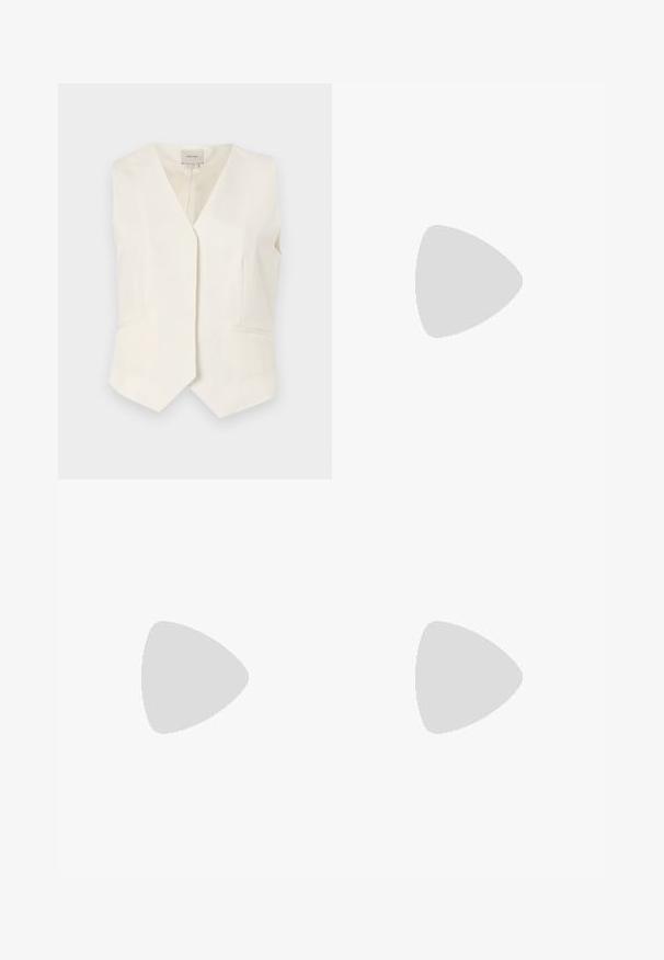 Ivory sleeveless vest with a V-neck design, featuring two front pockets and a straight hem. Textured fabric with a smooth finish.; White short-sleeve button-up shirt with a pointed collar and curved hem. Made from cotton with a smooth texture and no visible patterns.; Wide-leg trousers in cream, made of smooth fabric. Features a flat front waistband, creases down the legs, and a relaxed fit throughout.; Beige block-heeled sandals with thin straps and a square toe. Smooth material with minimal detailing, designed for easy wear.