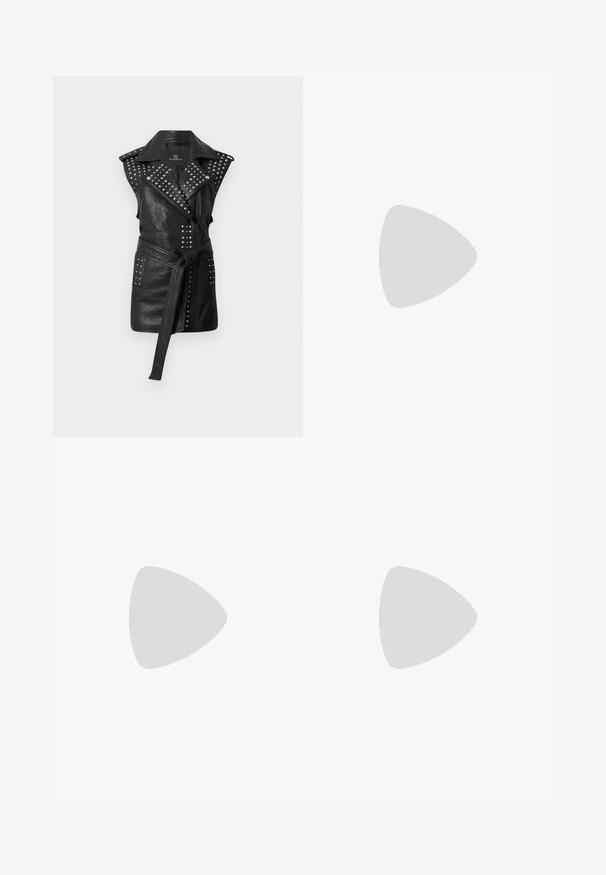 Black leather sleeveless vest featuring silver studs, a notched collar, belted waist, and a zip closure. Textured finish with side pockets.; Cream-colored long-sleeve shirt with a button-down front, pointed collar, and cuffed sleeves made from smooth fabric.; Black leather shorts featuring silver studs along the pockets and hem, with a smooth texture and a tailored fit. Buckled waistband detail.; Black leather high-heeled pump with a pointed toe and smooth texture, featuring a slender heel and minimalistic design.