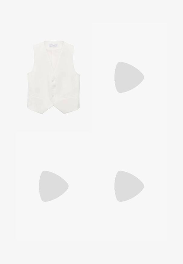 Witte mouwloze vest gemaakt van een gladde stof, met een klassieke V-hals, vijf knopen en twee zijzakken. Eenvoudig, op maat gemaakt ontwerp.; Lichtblauwe, korte mouw, aansluitende t-shirt van zachte katoen. Heeft een ronde halslijn en minimale stikdetails.; Wijd gesneden jeans van lichtblauwe denim met vervaging, met een vijf-pocket ontwerp, knoopsluiting en minimale stikdetails.; Lichtgrijze suède sneaker met witte leren accenten, drie witte strepen en een bruine rubberen zool, met een gewatteerde kraag voor comfort.