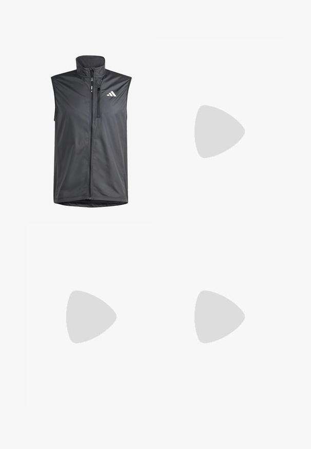 Sort ærmeløs vest lavet af letvægtsstof. Har en frontlynlås, høj krave og et lille logo på den øverste venstre side. Glat tekstur.; Sort bomulds T-shirt med korte ærmer, rund hals og et hvidt logo på venstre bryst. Glat tekstur og enkelt design.; adidas Performance RUN IT - Tights - black; Et par sorte Adidas Adizero løbesko med hvide striber og snørebånd på hvid baggrund, placeret side om side.