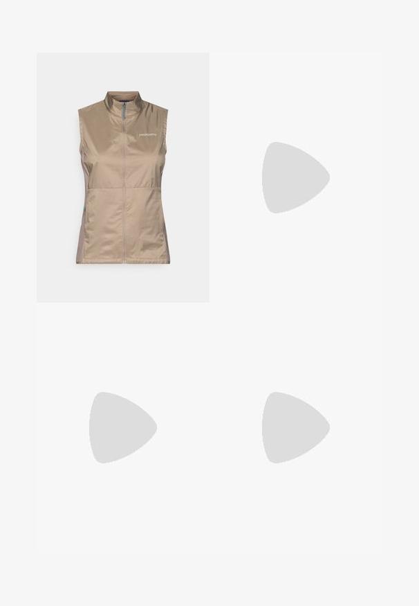 Tan sleeveless vest with a high collar, featuring a front zipper and blue accents. Made from lightweight, smooth fabric. Patagonia logo displayed.; Musta pitkähihais toppi, joka on valmistettu pehmeästä ja joustavasta kankaasta. Siinä on pyöreä pääntie ja hienovaraisia ompeluyksityiskohtia sivuilla ja hihoissa.; Athleta ELATION STRAIGHT LEG PANT - Verryttelyhousut - navy; Salomon Sportstyle SPEEDCROSS 3 EXPANSE UNISEX - Matalavartiset tennarit - vanilla ice/almond milk/cement