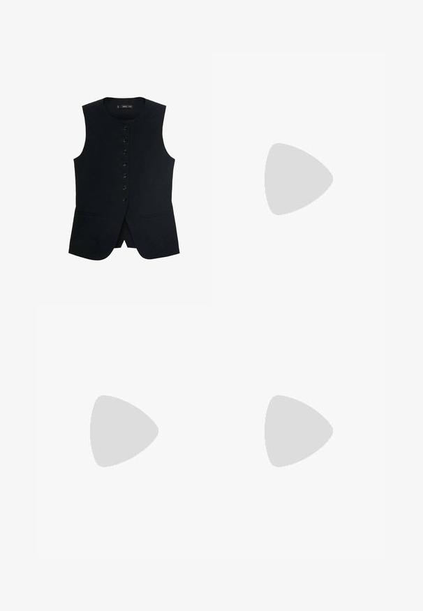 Black sleeveless vest with a round neckline, featuring a front button closure and two side pockets. Smooth fabric with a tailored fit.; Beige sweater with a ribbed crew neckline, long sleeves, and a relaxed fit, crafted from soft texture material.; Black pleated skirt made of fabric with a smooth texture. Features a structured waistband and multiple vertical pleats for definition.; Black patent leather ballet flat with a pointed toe, elastic strap, and decorative bow accent. Smooth finish with minimal stitching detail.; Beige leather tote bag with two handles, featuring subtle logo accents. Includes a matching zip pouch, both with a smooth texture.