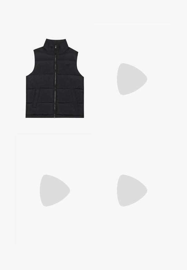 Must must vest kõrge kraega, esipaneeli lukuga ja kahe küljetaskuga. Omab õmmeldud paneele soojustamiseks ja peent logo detaili.; Valge pikkade varrukatega särk kitsaste vertikaalsete punaste ja siniste triipudega, nööbiga disain, terava kraega ja mustade nööpidega.; Hallid nagu ühtlaselt lõigatud hallid püksid, millel on kaks esikülje taskut, voldid ja nupuvääristus. Valmistatud kergest kangast.; Mustad nahast kingad, millel on ümar nina, sile tekstuur ja sooniline kummist tald. Omavad väikest kontsi ja tõmblinti taga.