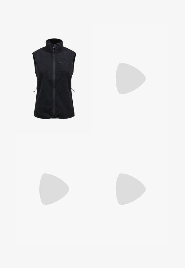 Sort fleece vest med høj krave og fuld lynlås, der har en tekstureret overflade og justerbare snore i kanten for en skræddersyet pasform.; Langærmet t-shirt med rund hals i off-white bomuld. Har et blåt Patagonia-logo på venstre bryst og en tætsiddende pasform.; The North Face FLEX TIGHT - Shorts - tnf black; The North Face ALTAMESA 500 - Løbesko trail - black/asphalt grey; Solbriller med en slank, lys grå plastikramme, indpakningsdesign, mørke linser og en glat overflade. Har minimal branding på siden.
