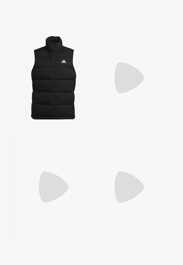Czarna kamizelka puchowa z wysokim kołnierzem, pikowany design i białym logo Adidas na lewej piersi. Wykonana z lekkiego, izolowanego materiału.; Czerwona sukienka bez rękawów z dopasowaną górą i rozkloszowanym, marszczonym dołem. Wykonana z lekkiej tkaniny z cienkimi ramiączkami i gładką fakturą.; Czarne płócienne tenisówki z białymi sznurowadłami, białą gumową czapeczką na palcach i masywną białą podeszwą. Mają subtelne białe przeszycia i gumową podeszwę.; Okulary przeciwsłoneczne z prostokątnymi, ciemnoszarymi soczewkami, srebrnymi metalowymi ramkami i czarnymi plastikowymi zakończeniami na zausznikach. Lekka konstrukcja z poduszkami nosowymi.