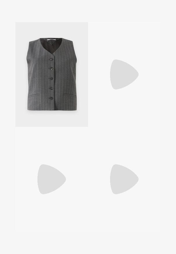 Gray pinstripe vest with five black buttons and two front pockets, featuring a V-neck and sleeveless design.; White long-sleeve button-up shirt in a smooth cotton blend. Features a classic collar, front button closure, and rounded cuffs.; Wide-leg trousers in soft beige fabric, featuring a flat front, belt loops, and a smooth texture. Standard waistband with no visible patterns.; Black leather wedge slide sandals with open toe and curved design, featuring a gold metal accent on the heel. Smooth texture.; Beige leather handbag with a structured shape, gold-tone hardware, and a logo on the front. Features a top handle and detachable shoulder strap.