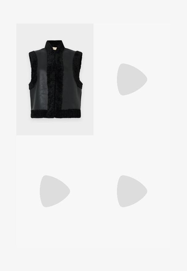 Black vest featuring a combination of leather and fuzzy texture, with a high collar and no sleeves, highlighting a contrasting front panel.; White sleeveless top with thin straps, made from lightweight fabric. Featuring a loose design and gathered texture at the hem.; Navy tailored trousers with a straight cut, featuring a smooth texture, two front pockets, and a clean waistband.; Black knee-high boots made of textured leather, featuring a rounded toe, sturdy rubber sole with traction, and a pull tab at the top.