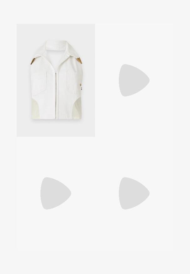 White sleeveless jacket with a pointed collar, gold-tone hardware, two front pockets, and a contrasting beige panel at the sides.; White short-sleeve t-shirt featuring a colorful rectangular logo with a zebra pattern and "Versace Jeans Couture" text in pink and blue.; Wide-leg white trousers with a textured finish, featuring a matching belt and gold-tone button accents on the front pockets.; Black heeled sandals featuring a toe post design, fabric strap with fringe edges, and a white logo detail. Glossy patent finish.