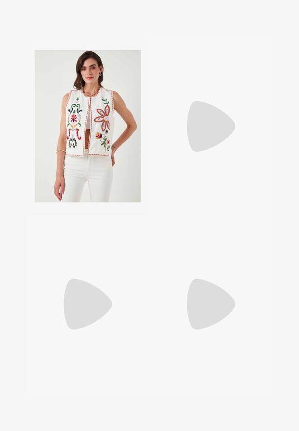 Embroidered white vest with floral designs in red, green, pink, and yellow. Features a round neckline and open front, paired with white pants.; Three long-sleeve tops in light blue, black, and white. The design features a round neckline and a soft, lightweight fabric texture.; Mid-rise wide-leg pants in a textured black and white floral pattern on a gray background, featuring a classic waistband and front pockets.; Black leather lace-up ankle boots with a chunky black sole and yellow stitching. Features a pull tab at the back and circular metal eyelets.