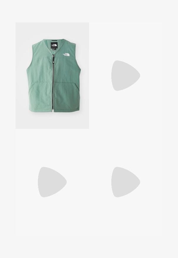 Green sleeveless vest with a zip front, two front pockets, and a logo on the left chest. Made of lightweight fabric with a matte finish.; White long-sleeved T-shirt made of cotton. Crew neck design with ribbed cuffs and a small logo on the left sleeve. Smooth texture.; Corduroy wide-leg pants in a tan color. Features textured, vertical ridges, with a standard waistband and two front pockets.; Nike athletic shoes in a silver mesh material, featuring white laces, a black swoosh logo, and a black and red air cushioning sole.