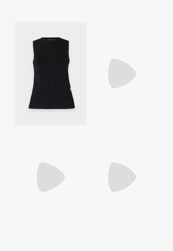 Schwarzes, gestricktes ärmelloses Oberteil mit geripptem Saum, rundem Halsausschnitt und strukturierten Nähten für eine taillierte Silhouette.; Weißes kurzärmliges T-Shirt aus geripptem Stoff. Runder Halsausschnitt, normale Passform und dezente Nähte. Keine Muster oder Grafiken.; The Kooples PANTALON - Stoffhose - black; Schwarze Leder-Ballettschuhe mit abgerundeter Spitze, glatter Textur, minimalen Nähdetails und einem flexiblen Sohlen-Design.