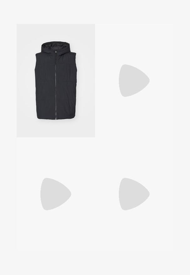Black padded vest with a hood, featuring a central zipper and horizontal quilted design. Smooth texture with a logo tag at the hem.; Black sweatshirt crafted from cotton blend, featuring a round neckline, long sleeves, ribbed cuffs, and a small white logo on the chest.; Wide-leg pants in light beige fabric, featuring a high waist, front pockets, and a side loop detail for added functionality.; Pink suede sneakers with green stripes, white accents, and a brown rubber sole. Features textured fabric and logo detailing on the side.