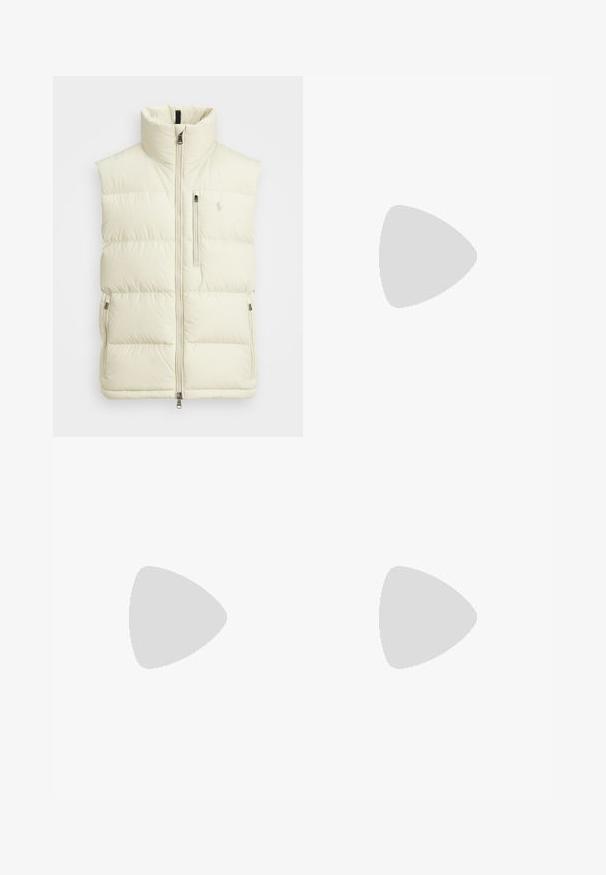 Light cream puffer vest with high collar. Features a front zipper, horizontal quilted design, and a chest pocket with zipper.; White long-sleeve T-shirt made of cotton. Features a round neckline, ribbed cuffs, and a small navy blue polo logo on the left chest.; Beige cotton chinos with a flat front, belt loops, and side pockets. Straight-leg design with a smooth texture and a light, breathable feel.; White leather sneakers, low-top design, featuring a smooth texture, round toe, laced front, and a small embroidered logo on the side.