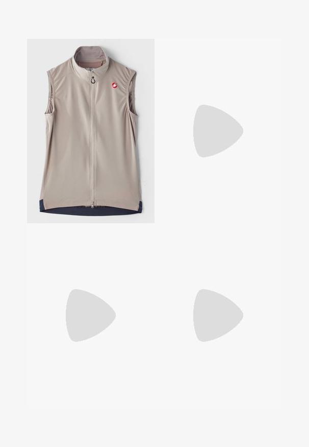 Svijetlosmeđi bezrukavnik s visokim ovratnikom, prednjim patentnim zatvaračem i tamnoplavim detaljima na rubu. Sadrži logo na prsima. Glatka tkanina.; Crni sportski crop top s patentnim zatvaračem, mrežastim detaljima i prilagođenim dizajnom. Izrađen od rastezljivog, prozračnog materijala. Nike logo na prednjoj strani.; Crne skraćene tajice od rastezljivog materijala, s visokim strukom i glatkom teksturom, bez vidljivih uzoraka ili dodataka.; Crne Nike trkačke tenisice s prozračnom mrežastom gornjom konstrukcijom, bijelim swoosh logotipom, teksturiranim detaljima i kremastom ZoomX srednjom potplatnom jedinicom.