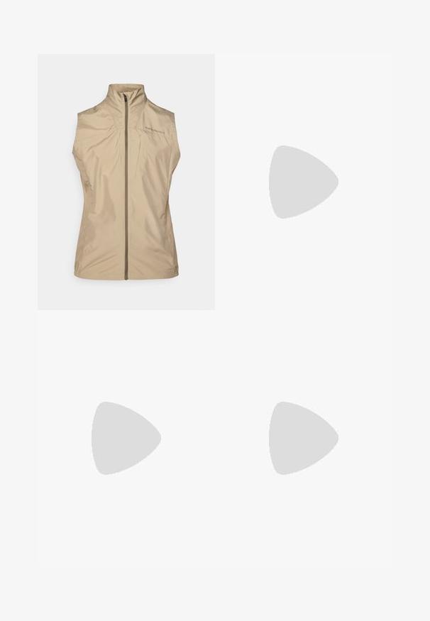 Beige sleeveless vest with a high collar, front zipper, and logo detailing. Made from lightweight, smooth fabric with a minimalistic design.; Black long-sleeve t-shirt made of cotton with a round neck. Features a small white logo on the left chest area. Simple design and fit.; Black, fitted pants made from a flexible material. Features include a zippered side pocket, articulated knees, and a smooth texture.; Black hiking boot with a mid-top design, featuring a textured upper, gray accents, and durable rubber sole with traction lugs.
