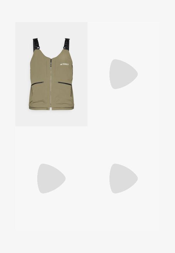 Gilet verde oliva con chiusura a zip, due tasche laterali con zip e spallacci neri regolabili. Presenta il logo "TERREX" nella parte superiore sinistra.; T-shirt nero a maniche corte realizzata in tessuto leggero. Presenta un piccolo logo bianco sul lato sinistro del petto e delicati dettagli sulle spalle.; The North Face HORIZON PANT - Pantaloni outdoor - black; Scarpe da corsa grigie con tomaia in mesh testurizzato, suola in gomma nera e bianca, e accenti rossi vicino al tallone. Caratterizzano lacci e un design di supporto.