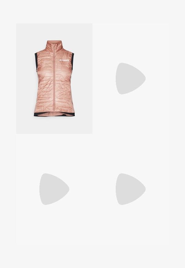 Light pink insulated vest with a high collar, front zipper, quilted texture, and black arm openings. Features a white TERREX logo on the chest.; Short-sleeve athletic t-shirt, dark gray with perforated texture. Features a white logo and contrasting side stripes. Rounded neckline.; adidas Performance Leggings - black; Black athletic shoes with a mesh upper, streamlined shape, flat sole, and three diagonal stripes on the side. Lightweight design for comfort.