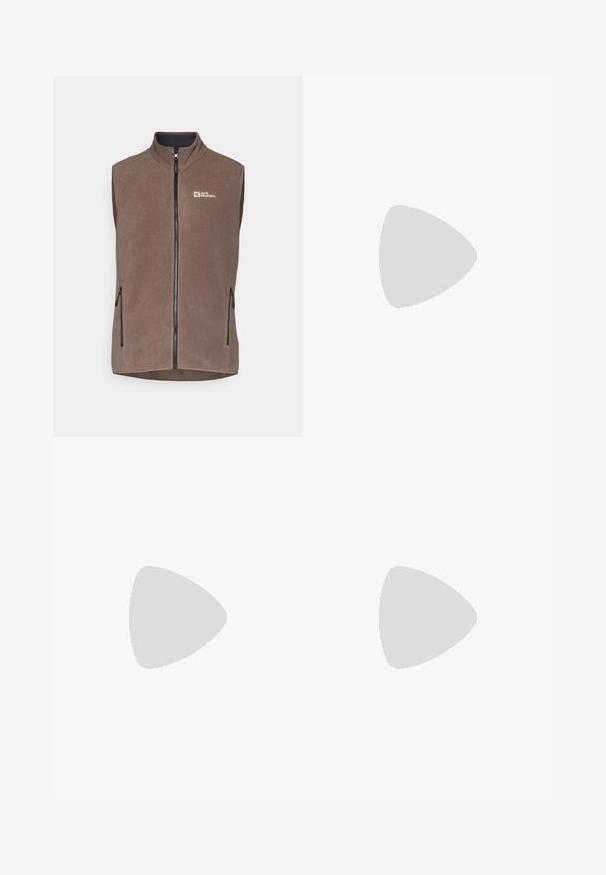 Fleece vesta v tmavě hnědé barvě s vysokým límcem, předním zipem a dvěma bočními kapsami na zip. Na levé straně hrudi se nachází logo.; Bílé tričko s krátkým rukávem a kulatým výstřihem s logem The North Face na levém hrudníku a textem "Lightrange" blízko spodního lemu.; Černé sportovní kalhoty vyrobené z lehké tkaniny, s páskem na šňůrku, bočními kapsami a zúženými manžetami na kotnících.; Šedá trailová běžecká bota s texturovaným svrškem, odolnou gumovou podrážkou a vyztuženou špičkou. Obsahuje tkaničky a logo značky na straně.