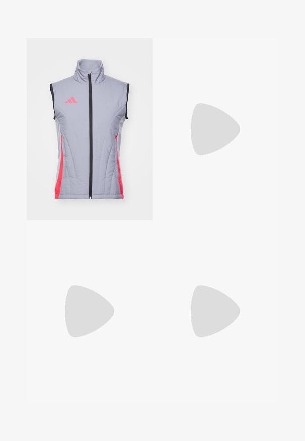 Vest gri fără mâneci, cu guler înalt, accente negre, fermoar frontal și panouri laterale roz. Prezintă logo-ul Adidas în roz pe partea stângă a pieptului.; Tricou athletic cu mânecă scurtă, gri închis, cu textură perforată. Prezentă un logo alb și dungi contrastante pe laterale. Guler rotunjit.; Shorts de atletism negri cu un brâu elastic, având o bandă texturată, dungi laterale și un logo alb Adidas pe tivul de jos.; Adidas negre pentru alergare, cu un superior din plasă respirabilă, vârf rotunjit, design elegant, accente texturate și o talpă căptușită pentru confort.